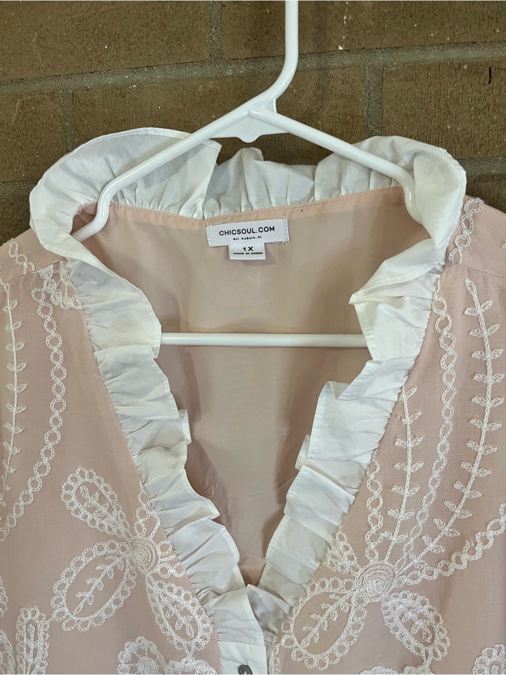 Chic Soul Pale Pink Embroidered Ruffle-Trim Button Front Blouse - Picture 4 of 4